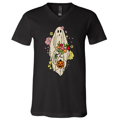 Vintage Cute Floral Ghost Halloween Pumpkin Costume Funny V-Neck T-Shirt