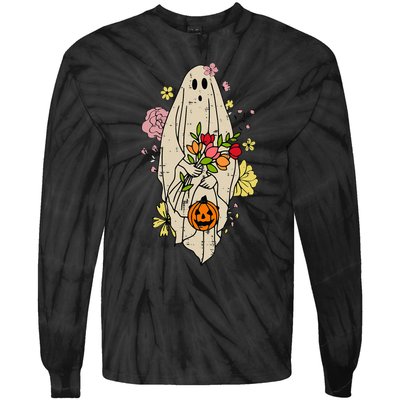 Vintage Cute Floral Ghost Halloween Pumpkin Costume Funny Tie-Dye Long Sleeve Shirt