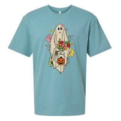 Vintage Cute Floral Ghost Halloween Pumpkin Costume Funny Sueded Cloud Jersey T-Shirt