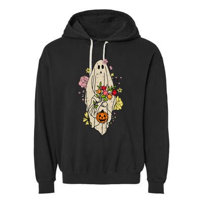 Vintage Cute Floral Ghost Halloween Pumpkin Costume Funny Garment-Dyed Fleece Hoodie