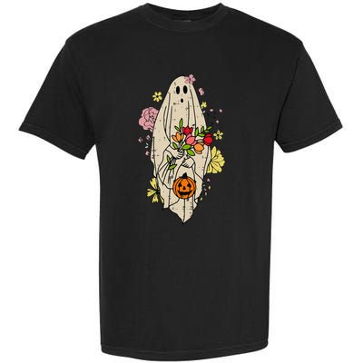 Vintage Cute Floral Ghost Halloween Pumpkin Costume Funny Garment-Dyed Heavyweight T-Shirt