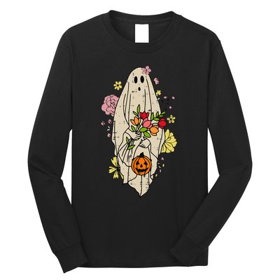 Vintage Cute Floral Ghost Halloween Pumpkin Costume Funny Long Sleeve Shirt