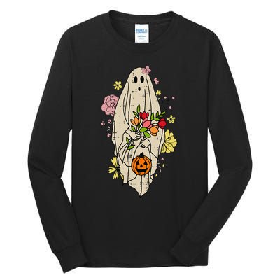 Vintage Cute Floral Ghost Halloween Pumpkin Costume Funny Tall Long Sleeve T-Shirt