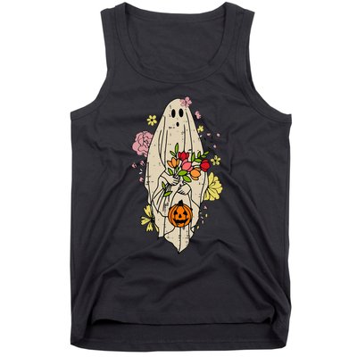 Vintage Cute Floral Ghost Halloween Pumpkin Costume Funny Tank Top