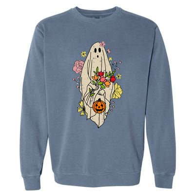 Vintage Cute Floral Ghost Halloween Pumpkin Costume Funny Garment-Dyed Sweatshirt