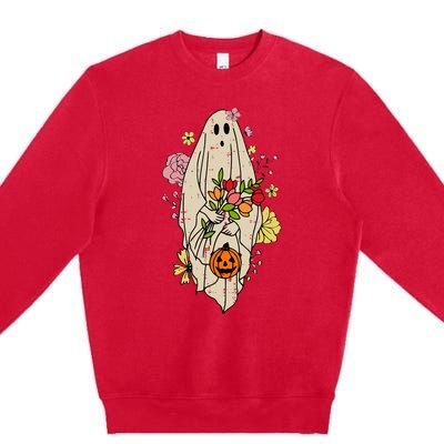 Vintage Cute Floral Ghost Halloween Pumpkin Costume Funny Premium Crewneck Sweatshirt