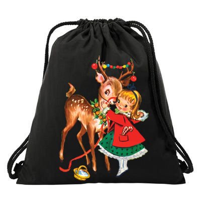 Vintage Christmas Girl And Reindeer Retro 1950s Christmas Drawstring Bag