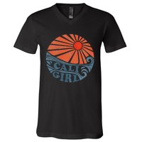 Vintage Cali Girl Retro Beach California Vacation Womens V-Neck T-Shirt