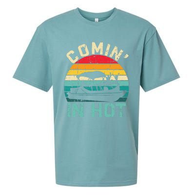 Vintage Comin In Hot Pontoon Boat Boating Dad Fathers Day Sueded Cloud Jersey T-Shirt