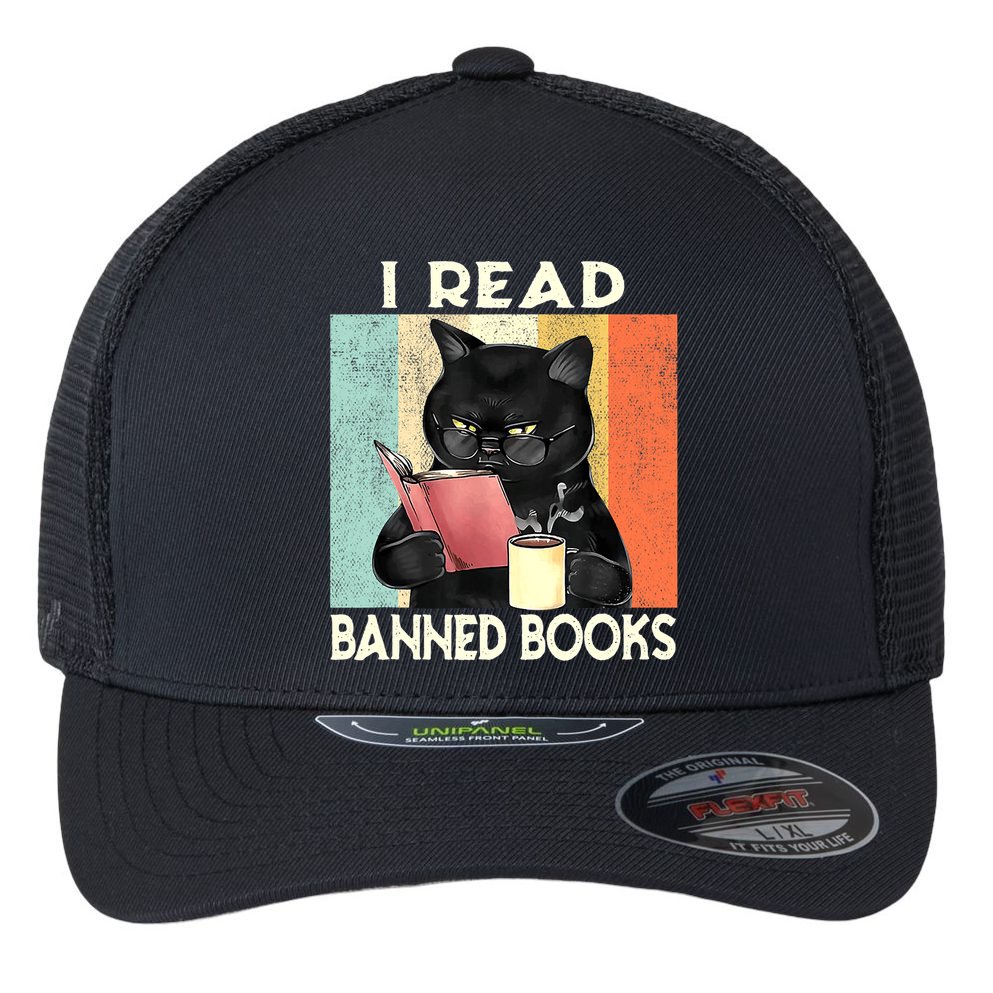 Vintage Cat I Read Banned Books Funny Flexfit Unipanel Trucker Cap