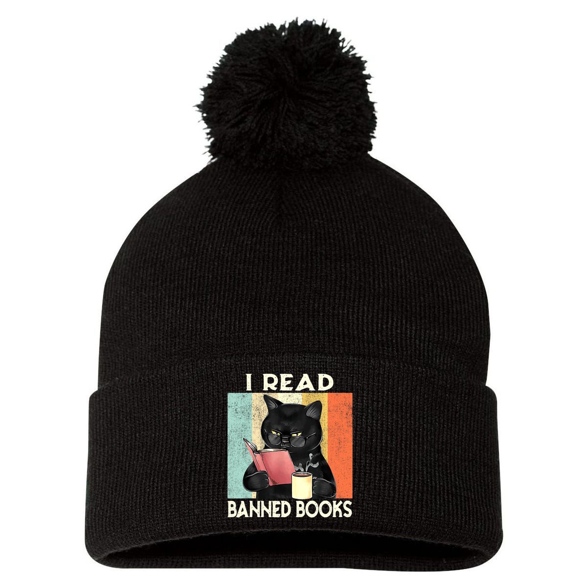 Vintage Cat I Read Banned Books Funny Pom Pom 12in Knit Beanie