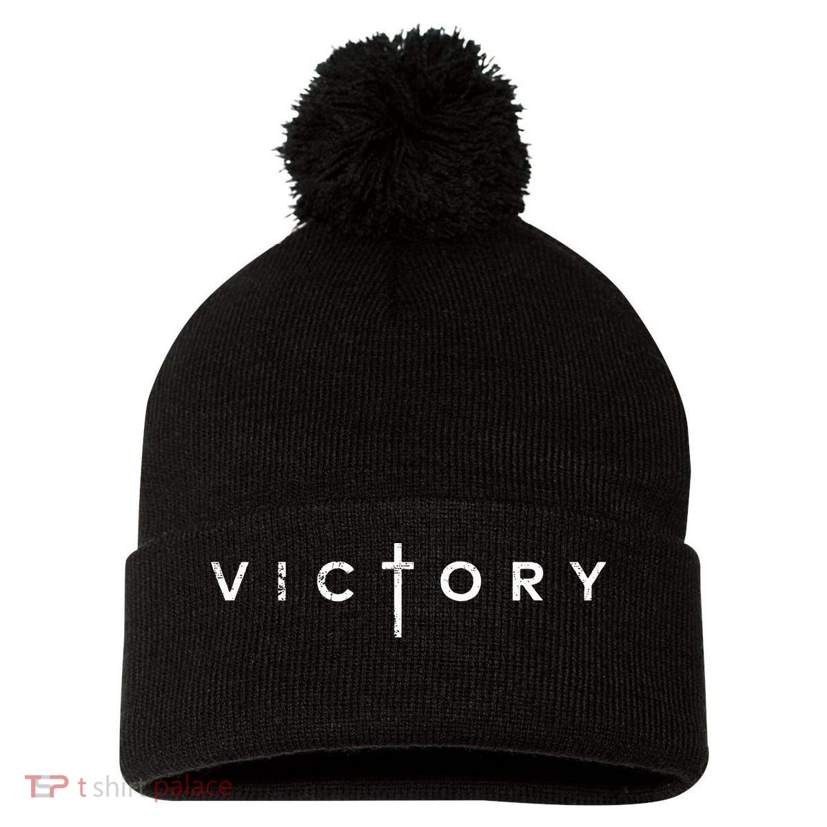 Victory Cross Jesus Christian Religious Faith Pom Pom 12in Knit Beanie