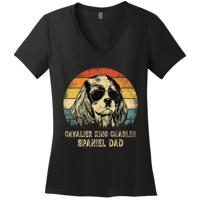 Vintage Cavalier King Charles Spaniel Dad Dog FatherS Day Women's V-Neck T-Shirt