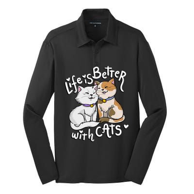 ValentineS Cat Lover Life Is Better With Cats MotherS Day Silk Touch Performance Long Sleeve Polo