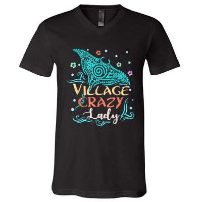 Village Crazy Lady Funny Gift Tiki Hawaiian Polynesian V-Neck T-Shirt