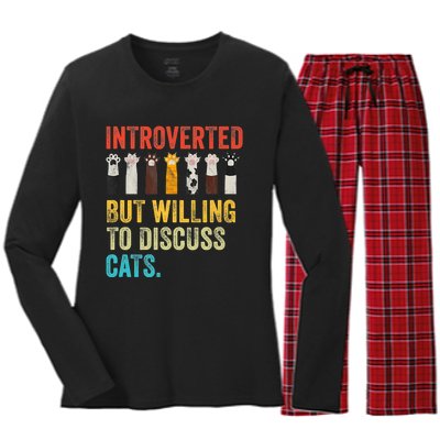 Vintage Cat Meow Introverted But Willing To Discuss Cats Women's Long Sleeve Flannel Pajama Set 