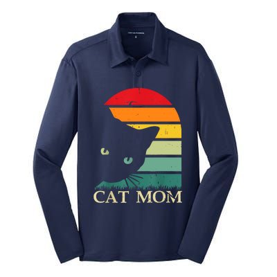 Vintage Cat Mom For WomenFunny Cat Mom Mother Silk Touch Performance Long Sleeve Polo