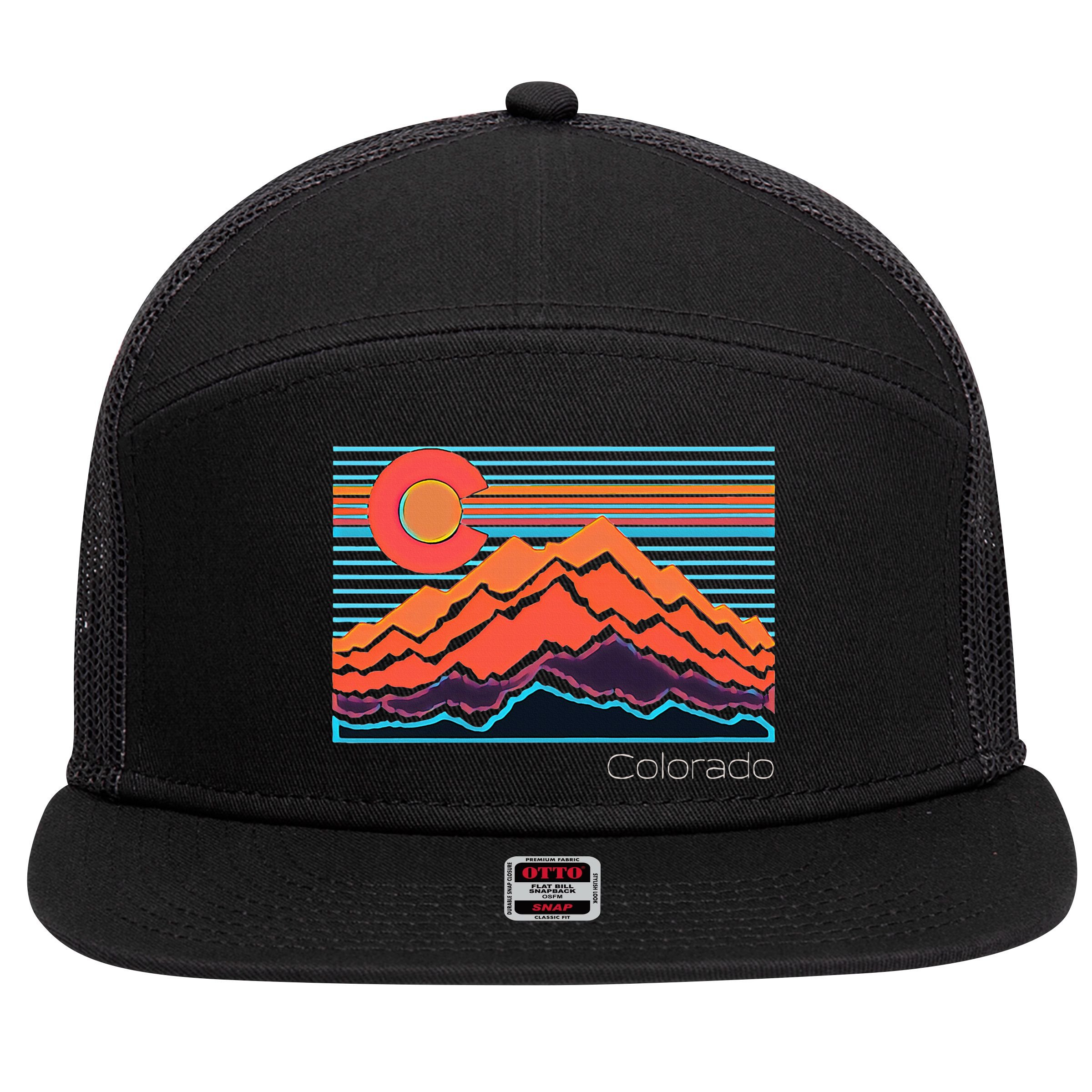 Vintage Colorado Mountain Landscape And Flag 7 Panel Mesh Trucker Snapback Hat