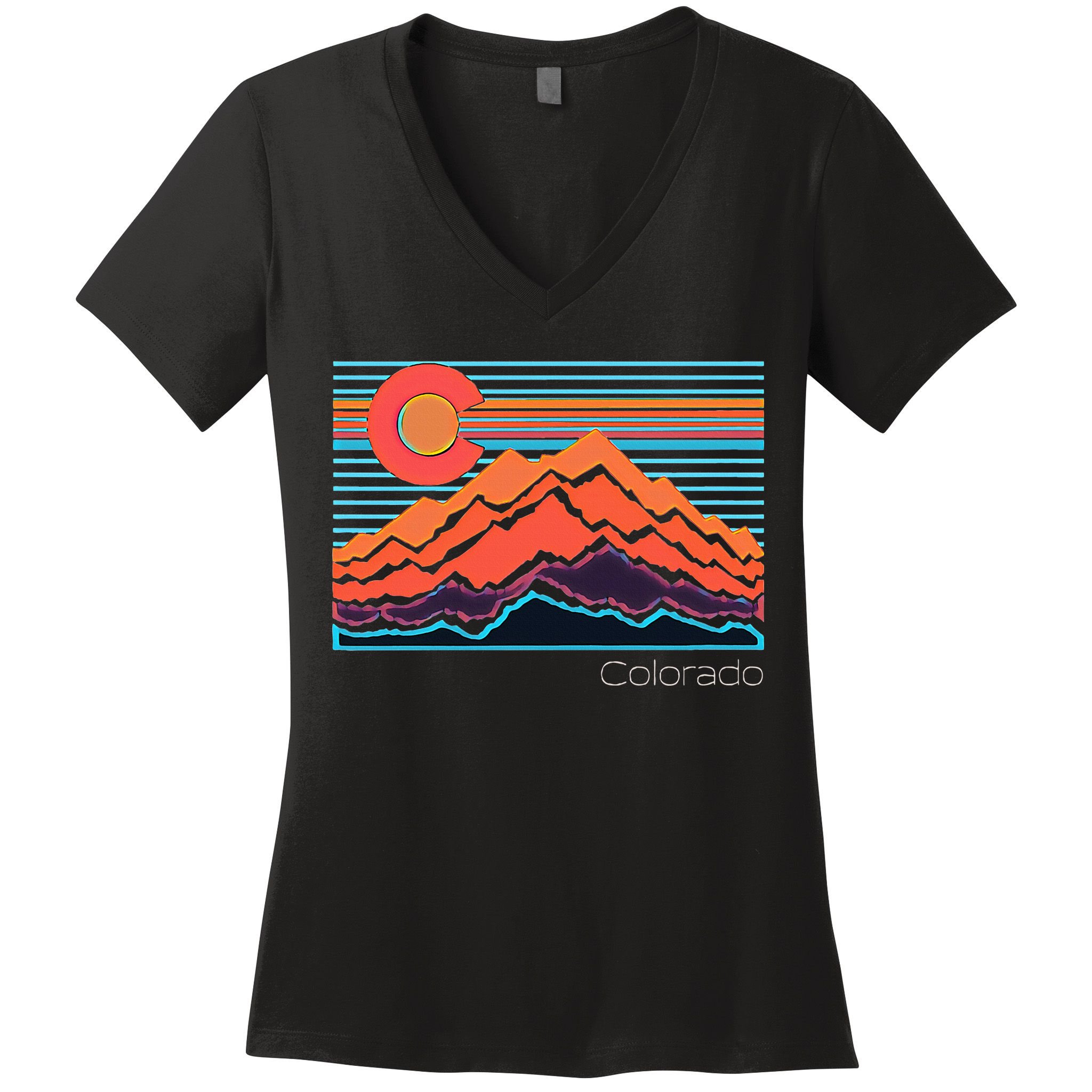 Vintage Colorado Mountain Landscape And Flag Women's V-Neck T-Shirt