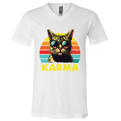 Vintage Cat Music Gifts For Girl Women Karma V-Neck T-Shirt