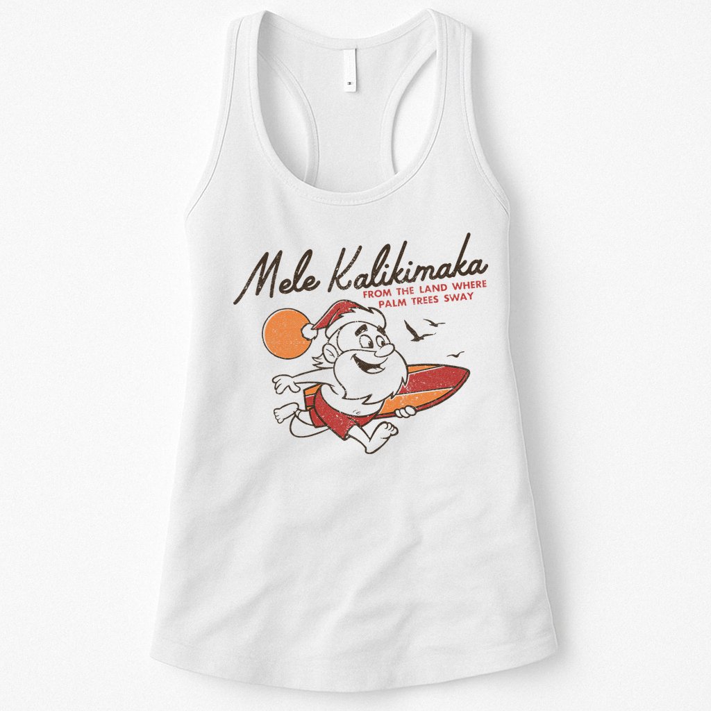 Vintage Cute Mele Kalikimaka Christmas Santa Surfing Costume Womens Tank Top