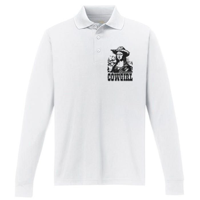 Vintage Cowgirl Mona Lisa Retro Performance Long Sleeve Polo