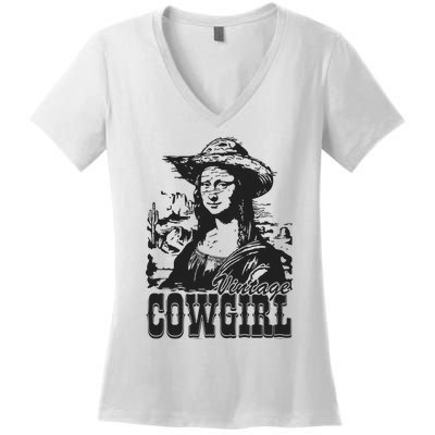 Vintage Cowgirl Mona Lisa Retro Women's V-Neck T-Shirt