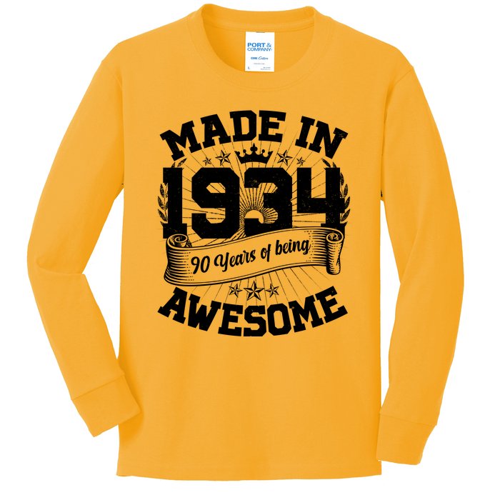 Vintage Crown Made In 1934 90 Years Of Being Awesome Kids Long Sleeve Shirt