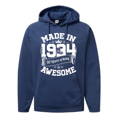 Vintage Crown Made In 1934 90 Years Of Being Awesome Performance Fleece Hoodie