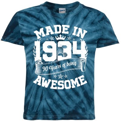 Vintage Crown Made In 1934 90 Years Of Being Awesome Kids Tie-Dye T-Shirt