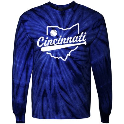 Vintage Cincinnati Map Baseball Lovers Baseball Fan Tie-Dye Long Sleeve Shirt