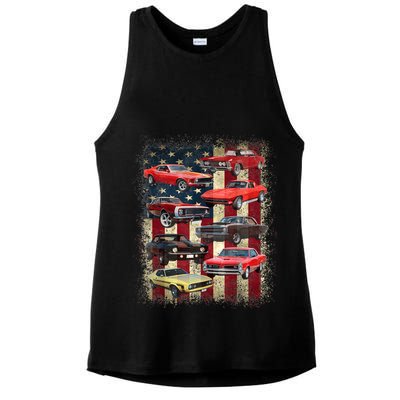 Vintage Classic Muscle Car Retro American Flag Patriotic Ladies PosiCharge Tri-Blend Wicking Tank