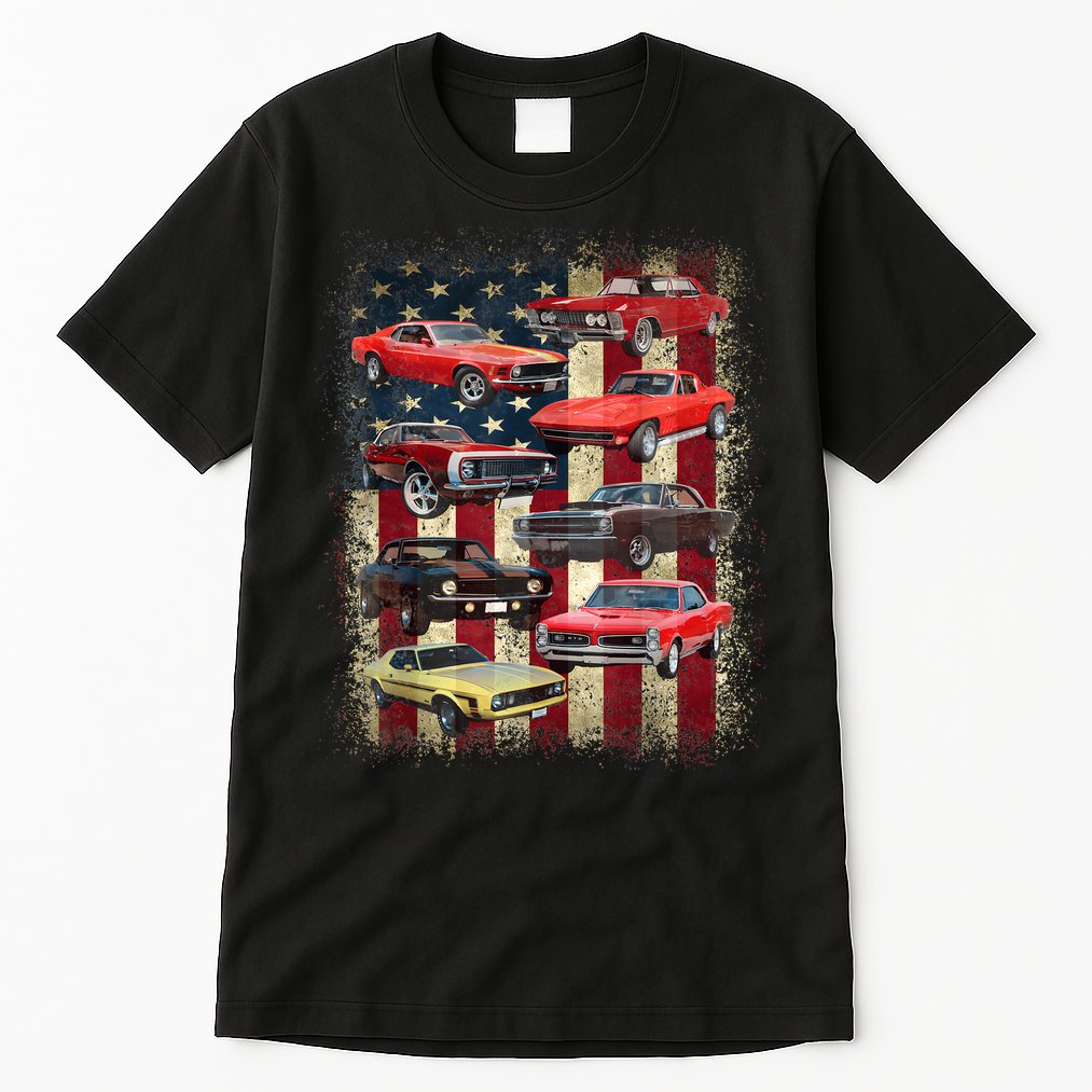 Vintage Classic Muscle Car Retro American Flag Patriotic Tall T-Shirt