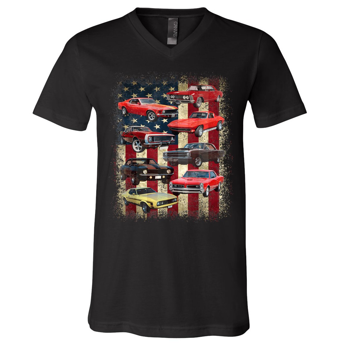 Vintage Classic Muscle Car Retro American Flag Patriotic V-Neck T-Shirt