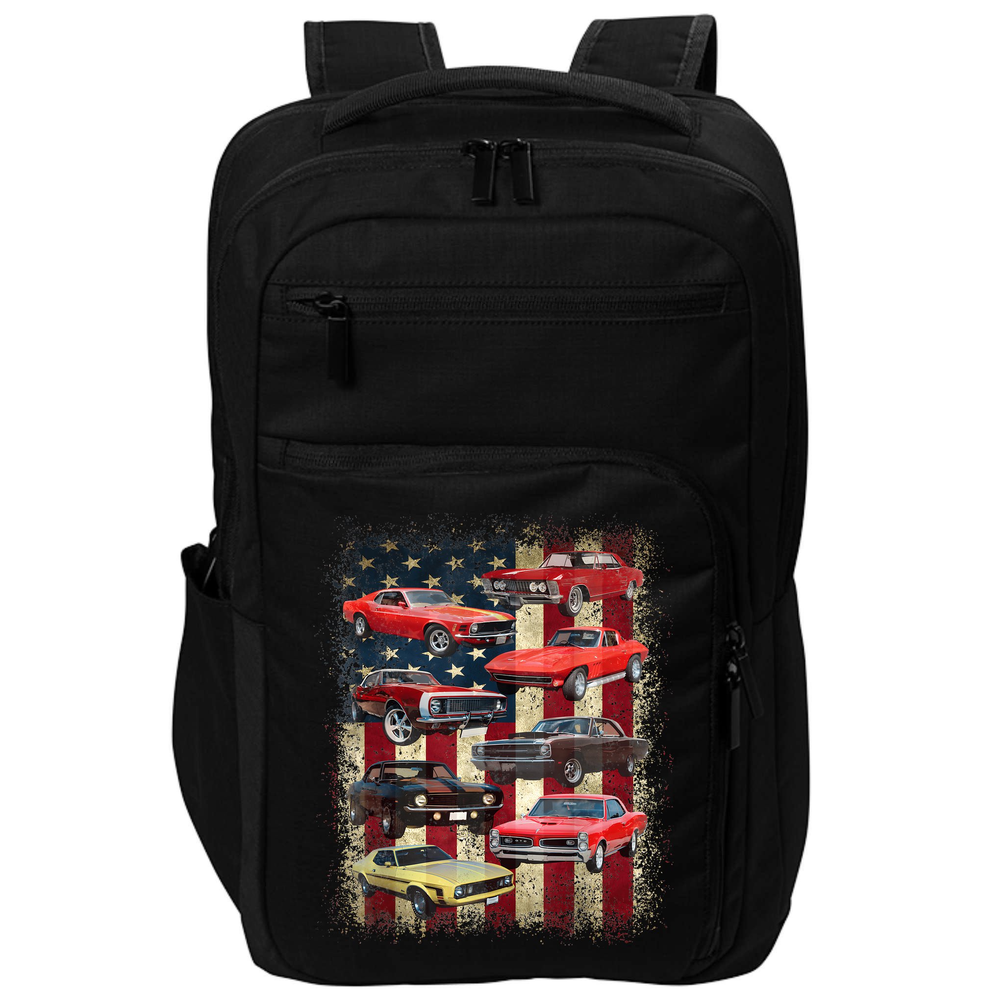 Vintage Classic Muscle Car Retro American Flag Patriotic Impact Tech Backpack