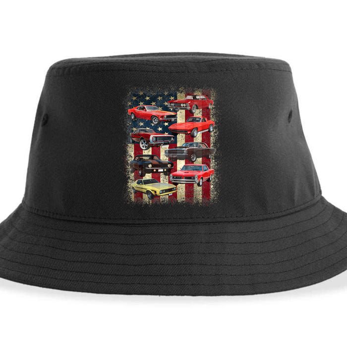 Vintage Classic Muscle Car Retro American Flag Patriotic Sustainable Bucket Hat