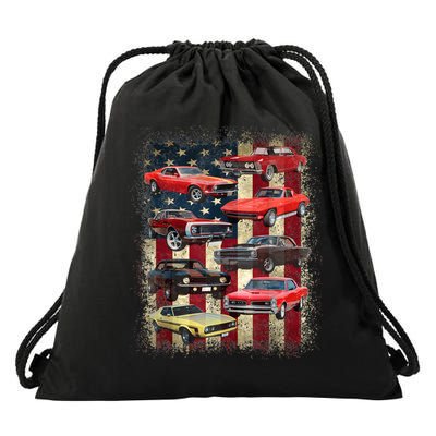 Vintage Classic Muscle Car Retro American Flag Patriotic Drawstring Bag