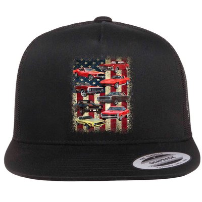 Vintage Classic Muscle Car Retro American Flag Patriotic Flat Bill Trucker Hat