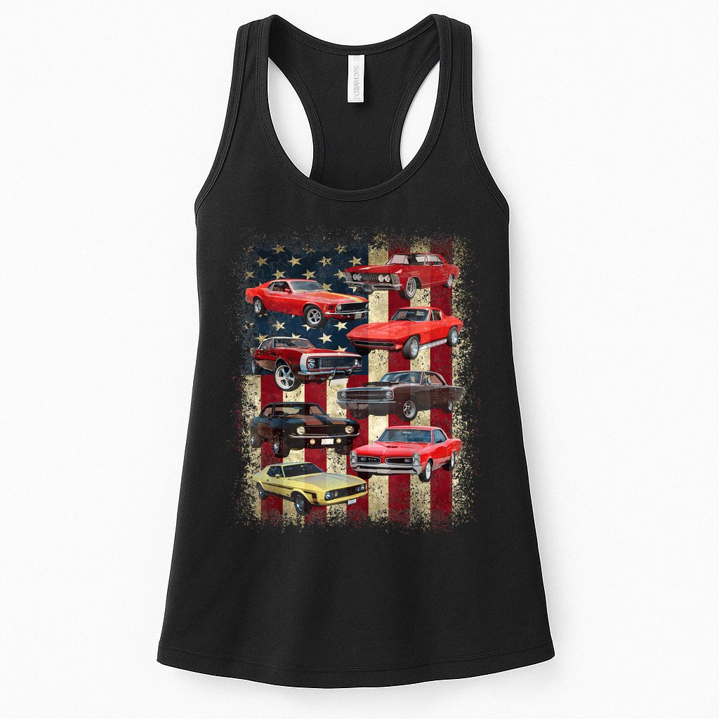 Vintage Classic Muscle Car Retro American Flag Patriotic Womens Tank Top