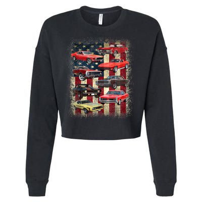Vintage Classic Muscle Car Retro American Flag Patriotic Cropped Pullover Crew