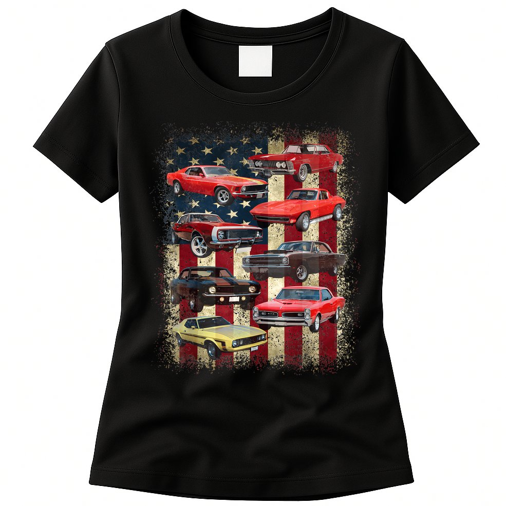 Vintage Classic Muscle Car Retro American Flag Patriotic Womens T-Shirt