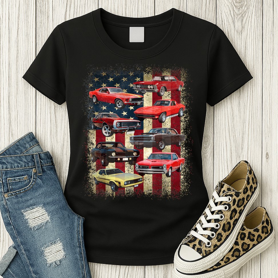 Vintage Classic Muscle Car Retro American Flag Patriotic Womens T-Shirt