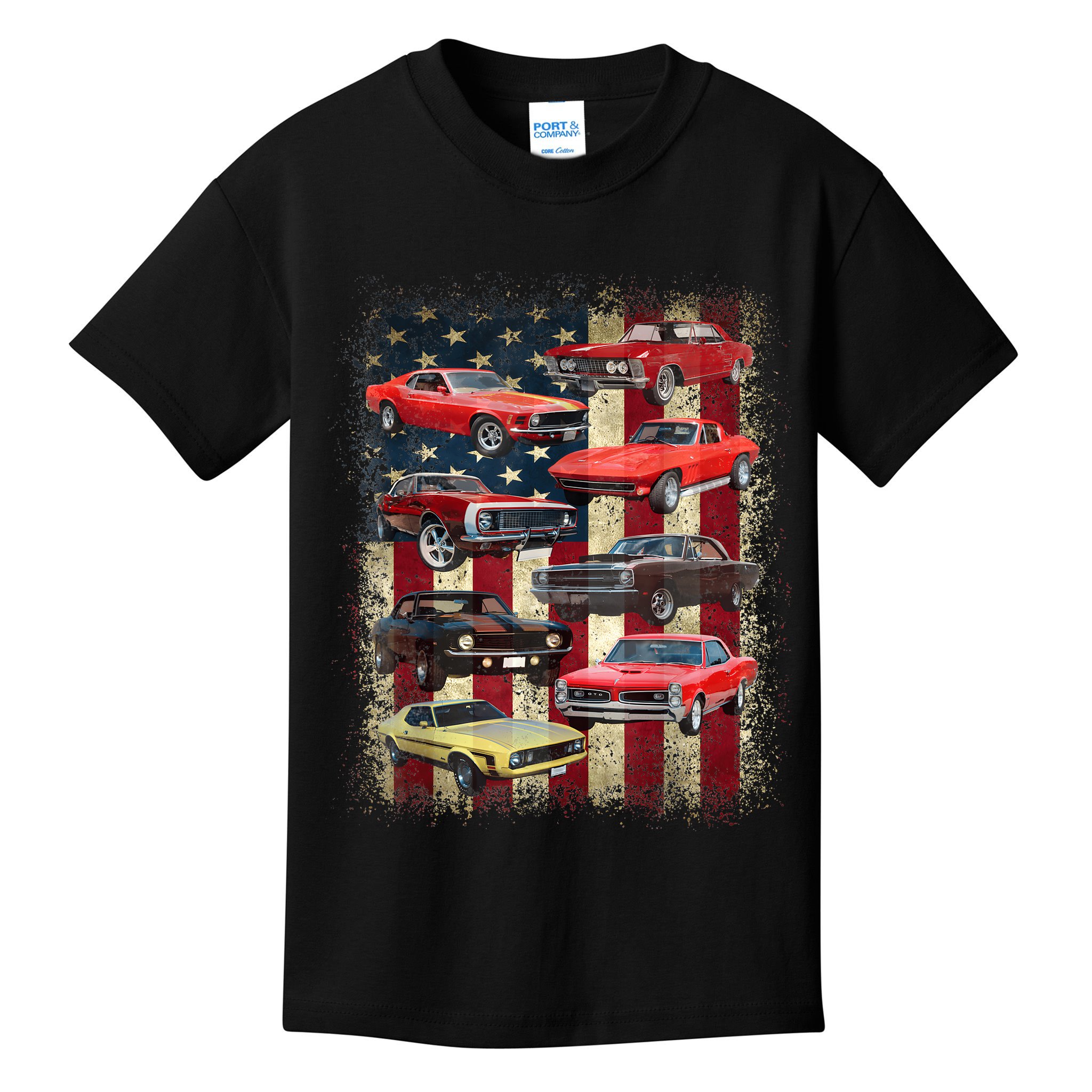 Vintage Classic Muscle Car Retro American Flag Patriotic Kids T-Shirt