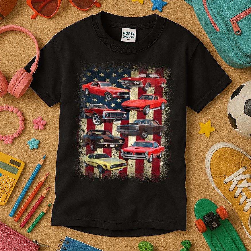Vintage Classic Muscle Car Retro American Flag Patriotic Kids T-Shirt