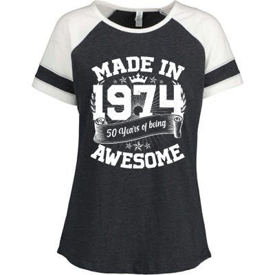 Vintage Crown Made In 1974 50 Years Of Being Awesome Enza Ladies Jersey Colorblock Tee