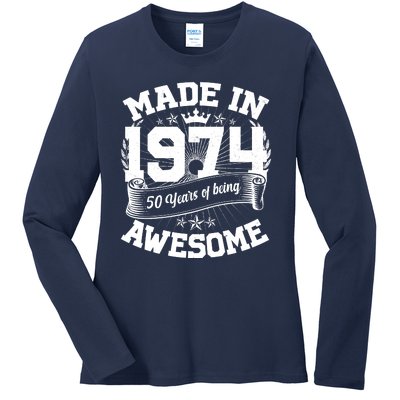 Vintage Crown Made In 1974 50 Years Of Being Awesome Ladies Long Sleeve Shirt