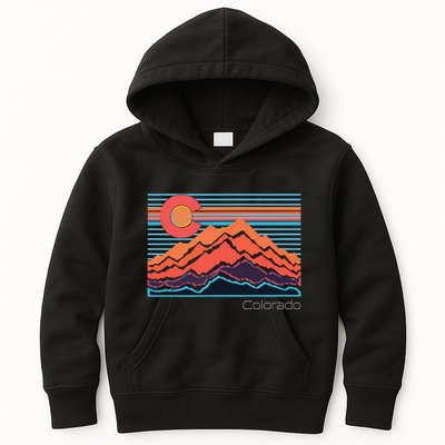 Vintage Colorado Mountain Landscape And Flag Graphic Kids Hoodie