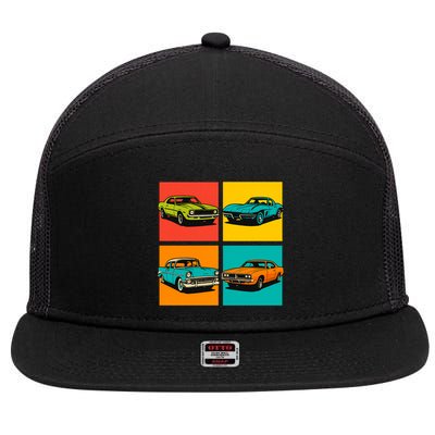 Vintage Classic Muscle Cars Pop Art Design 7 Panel Mesh Trucker Snapback Hat