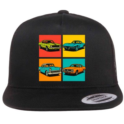 Vintage Classic Muscle Cars Pop Art Design Flat Bill Trucker Hat