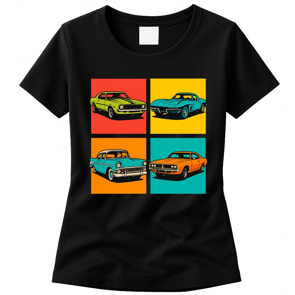 Vintage Classic Muscle Cars Pop Art Design Womens T-Shirt